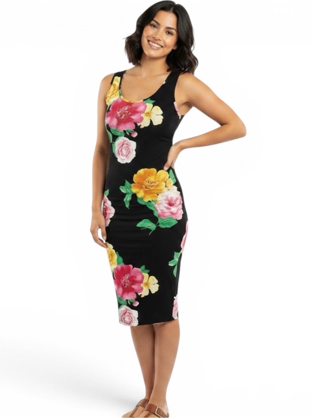 Derek Heart Bodycon Midi Dress - Black with Floral Blooms Stretchy Like New |EUC